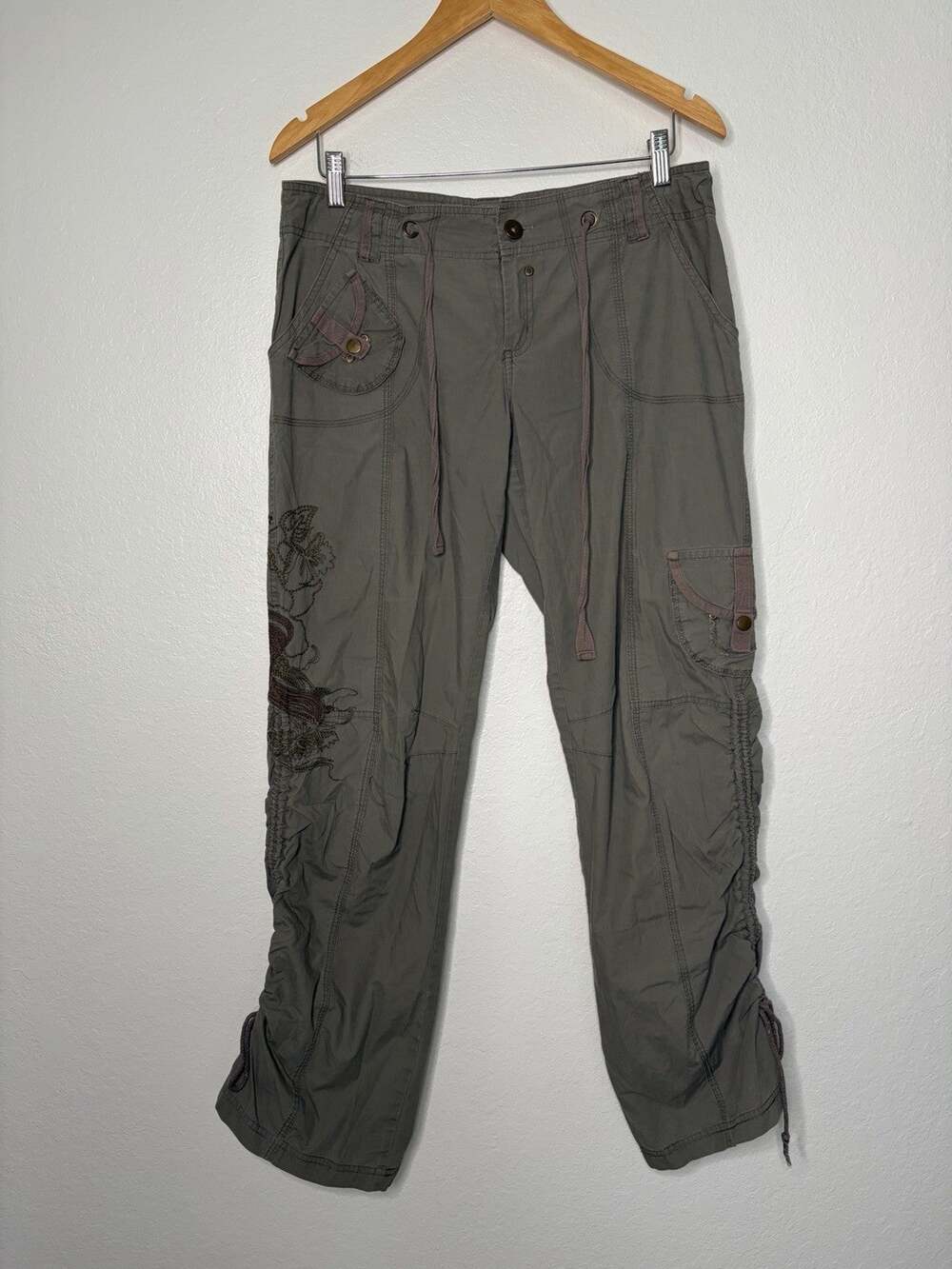 Vintage Cache Y2K Low Rise Embroidered Cargo Pants Cotton Olive Green Size 10